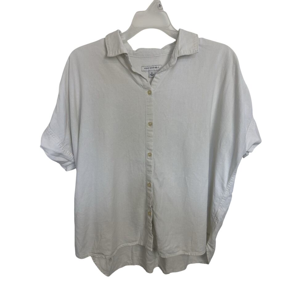 Free Assembly Linen Blend White Button Front Short Sleeve Top M Minimalist Boxy
